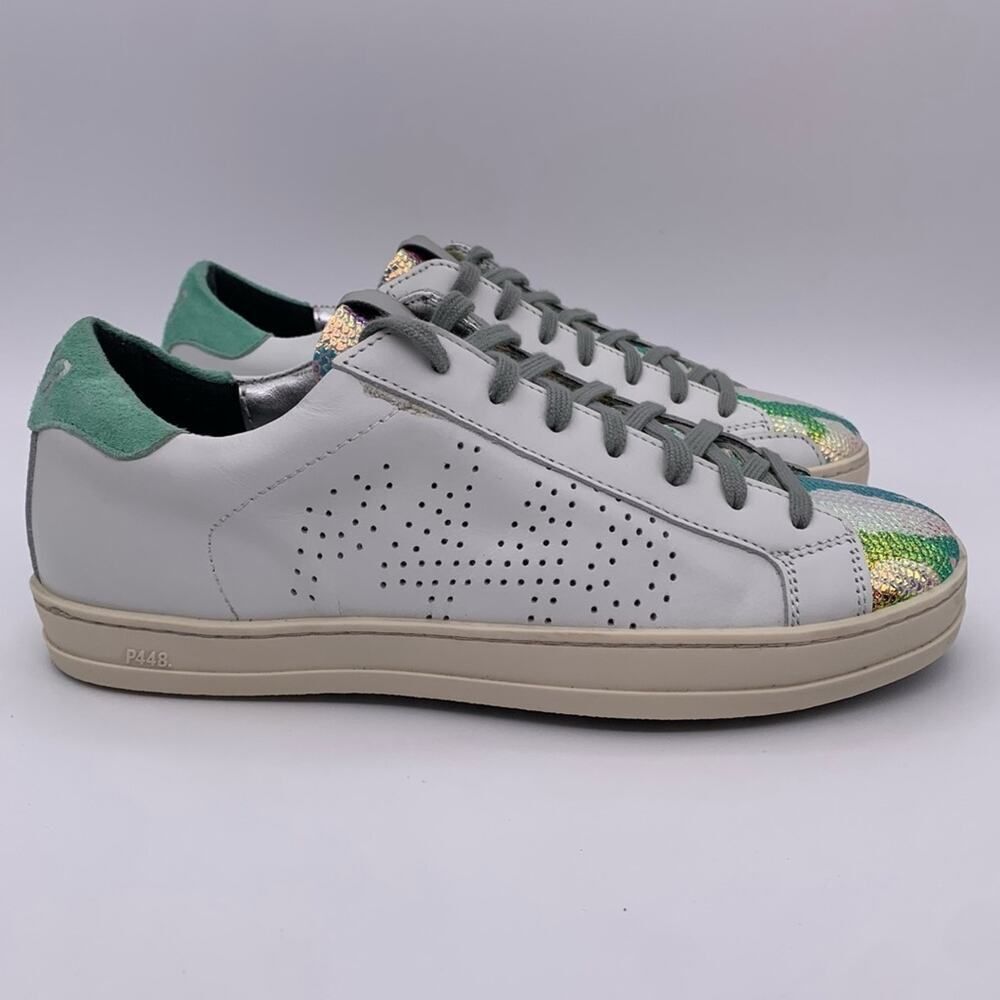 P448 John Women's White Leather Glitter Camo Iridescent Sneakers - Size: EUR 36